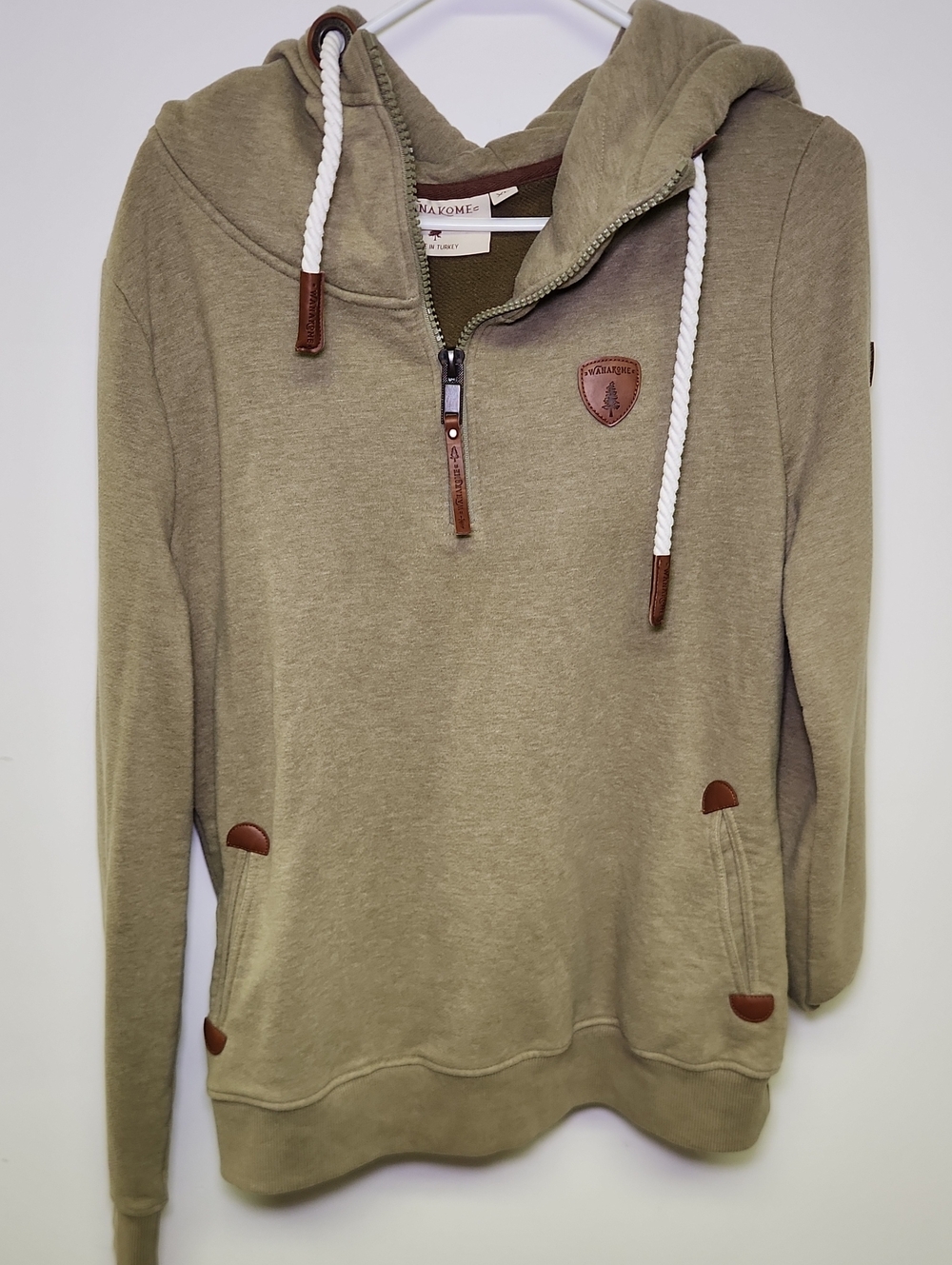 Wanakome Men's Olive Zip-Up Hooded Sweater with White Drawcords